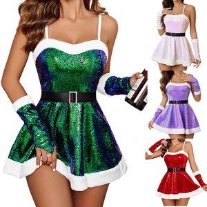 Sequin Draped Tassel Appliques Babydoll Sexy Santa Mini A-Line Skirt Holiday Party Style Green Dress for Women