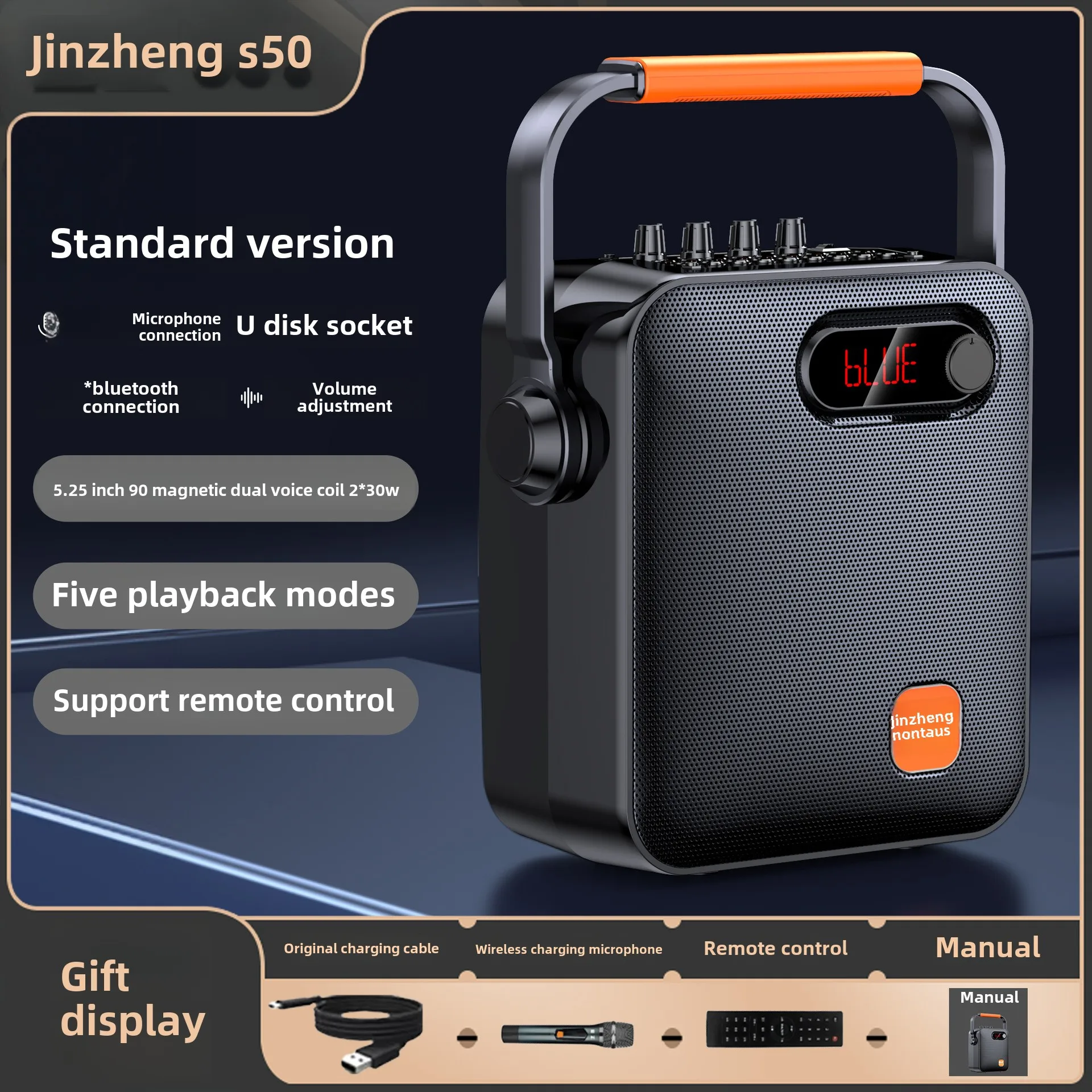Jinzheng S60 High Power 40W Outdoor Wireless for Bluetooth Speaker with Mini LED Display Screen Battery Powered for Stage Home U