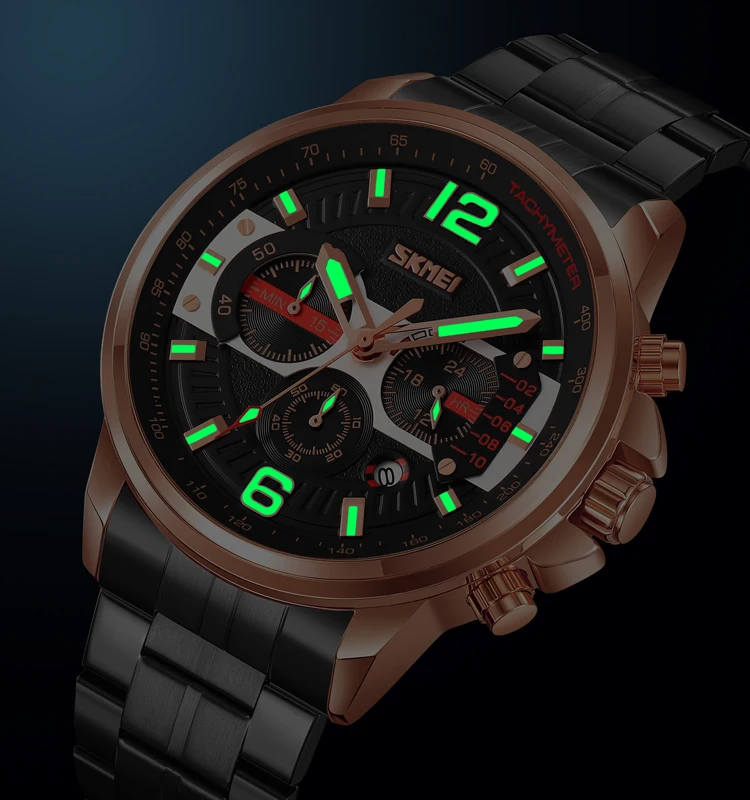 Skmei 9332 High Quality Custom Logo Men Quartz Watch Best Stainless Steel Band 3 Dials Chronograph Storage Business Watch Factor