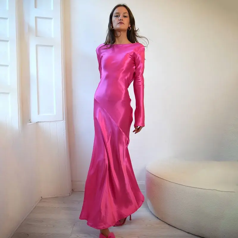 Elegant Women's Autumn Evening Dress Backless Long Sleeve Solid Satin Split  Maxi Dress Femme Chic Slim Party Dresses