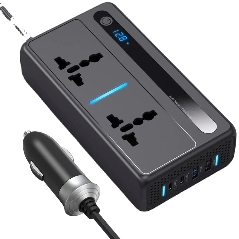 ポータブル200WカーインバーターDC12VからAC220V電源コンバーター、USB C＆USB A Travel Camping 12V 220V 効率的な 200 ワット車の電源インバーター DC12V から AC220V、USB C と USB A 付きビジネス旅行家族の外出