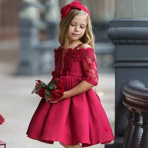 Boutique O-neck Kids Clothes Flower Girl Party Dress Lace Material Wedding Ball Gown Kids Party Dress  L5192
