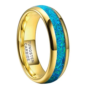 Coolstyle Jewelry 6mm Gold Tungsten Carbide Ring for Men Women Engagement Wedding Band Blue Opal Inlay Polished Comfort Fit