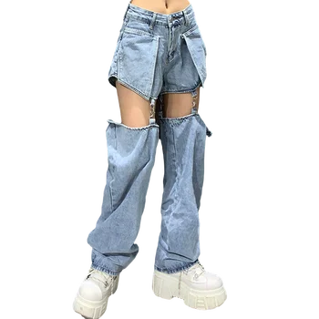 New Hip hop Denim Jeans Women chain Pants Metal Buckle Broken Cut Out  Trendy Trousers Split Female High Waist Hippie Streetwear