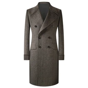 Men's High-End British Retro Long Chester Coat Winter Wool Overcoat Gray Herringbone Hood Double Breasted Button Plus Size Sheep