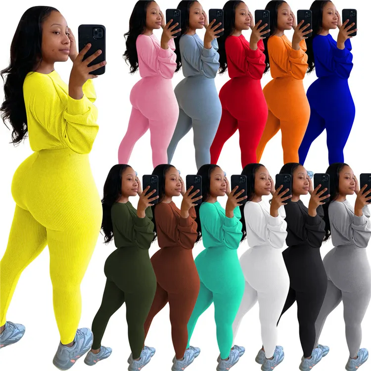 Sexy Lady 2 PCS Plus Size Outfits Tracksuit Rib Long Sleeve Tops