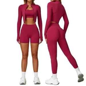 Outdoor Sports Breathable Solid Yoga Leggings Set Elastic High Waist Three-Piece Tight-Fit Leggings and Bra for