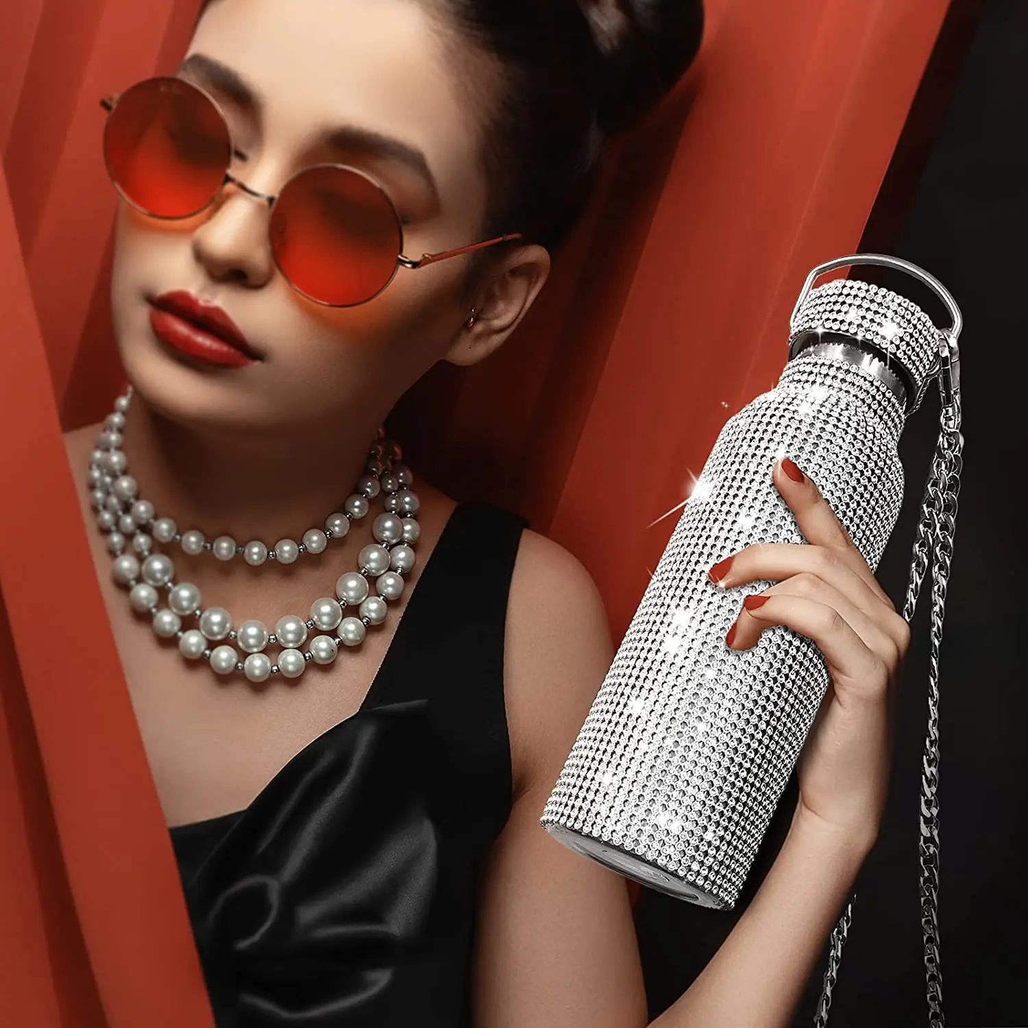 Sparkling Sport Water Bottle Insulated Bling Rhinestone Stainless Steel Thermal Bottle