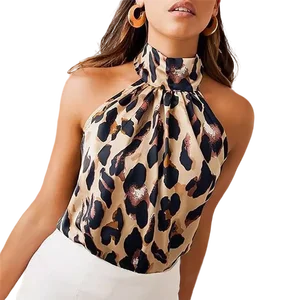 Custom High Quality Spring Autumn Causal Chiffon Sexy Stand Collar Strapless Leopard Pattern  Women Top Shirt