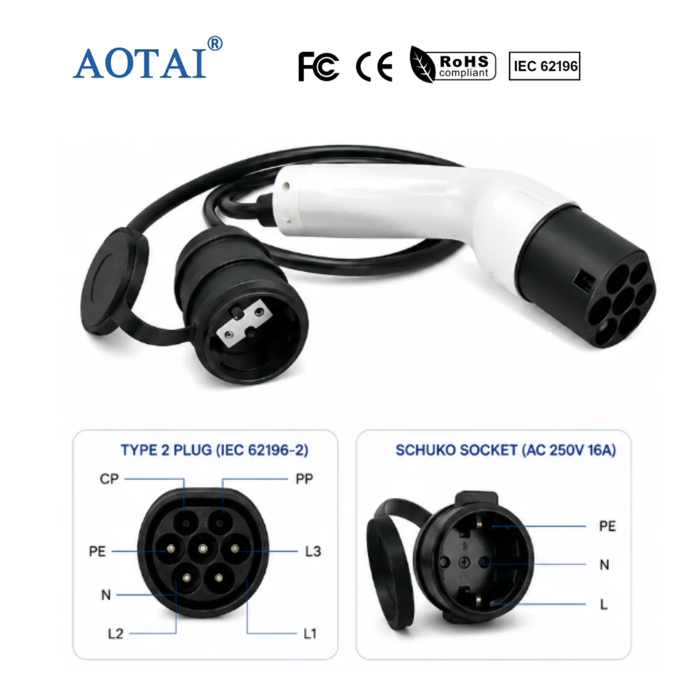 AOTAI New Type 2 to Schuko Outlet EV Charging Cable IEC 62196-2