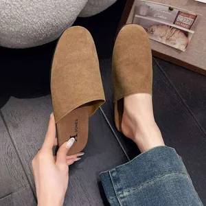 2026 Round Head Cow Suede (Sand) Mule Flat Ground Low Heel Cap Toe Slip-on Casual Export Hot S Women's Shoes