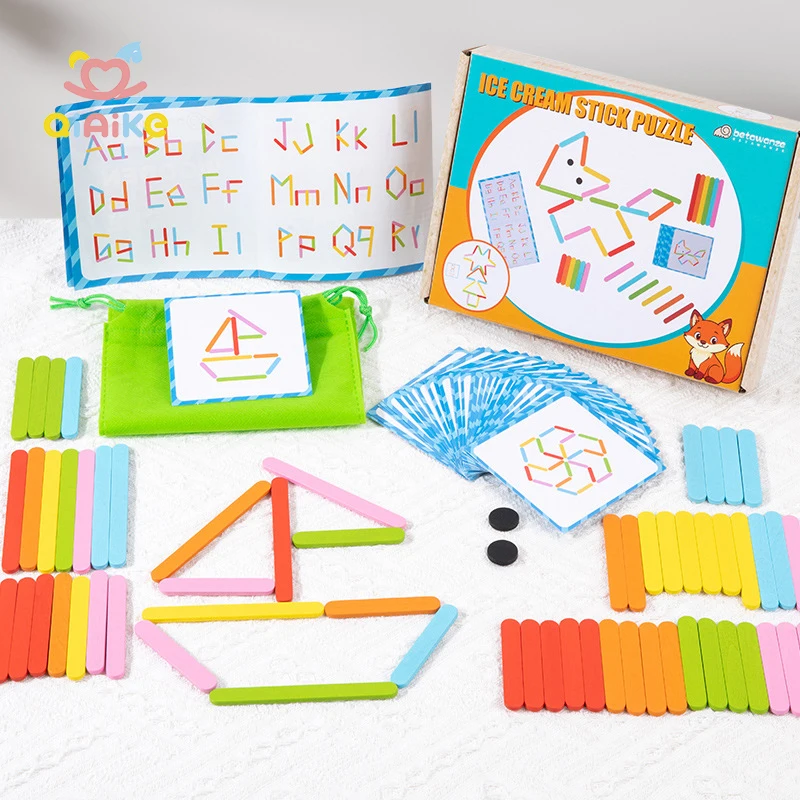 Teka-teki Kayu Berbentuk Stik Es Loli Kreatif, Permainan Edukatif Bentuk untuk Anak-anak, Mainan Stem Montessori untuk Anak, Mainan Kognitif Geometri