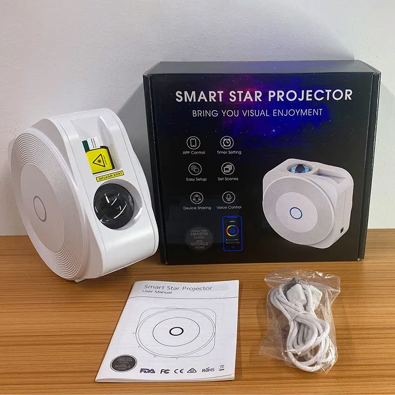 Tuya Smart WiFi-Wohnraum-Musikrhythmus-Sternenhimmel-Projektor, quadratisch, mit Timer und Umgebungslicht, steuerbar über App und Fernbedienung