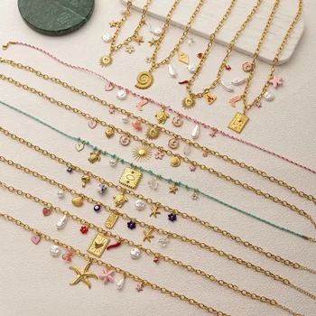 Wholesale Fashion Gold Shell Starfish Beach Style Animal Flower Heart Pearl DIY Charm Rope Knot Chain Necklace
