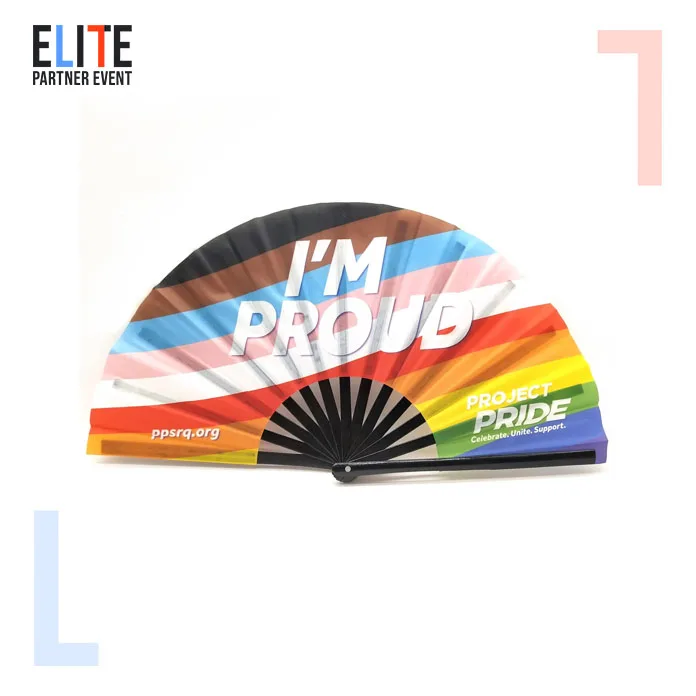 Big Clack Large 33Cm Custom Logo Printing Polyester Satin Bamboo Fan Rainbow Gay Pride Fan
