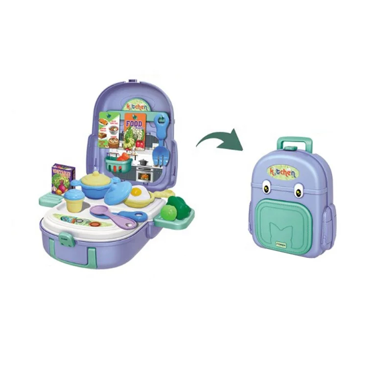 2 in 1 Children Cooking Pretend Play Toy Kitchen Backpack Tool Set Toys Play Food Set Tableware Kitchen Table Toys for Kids