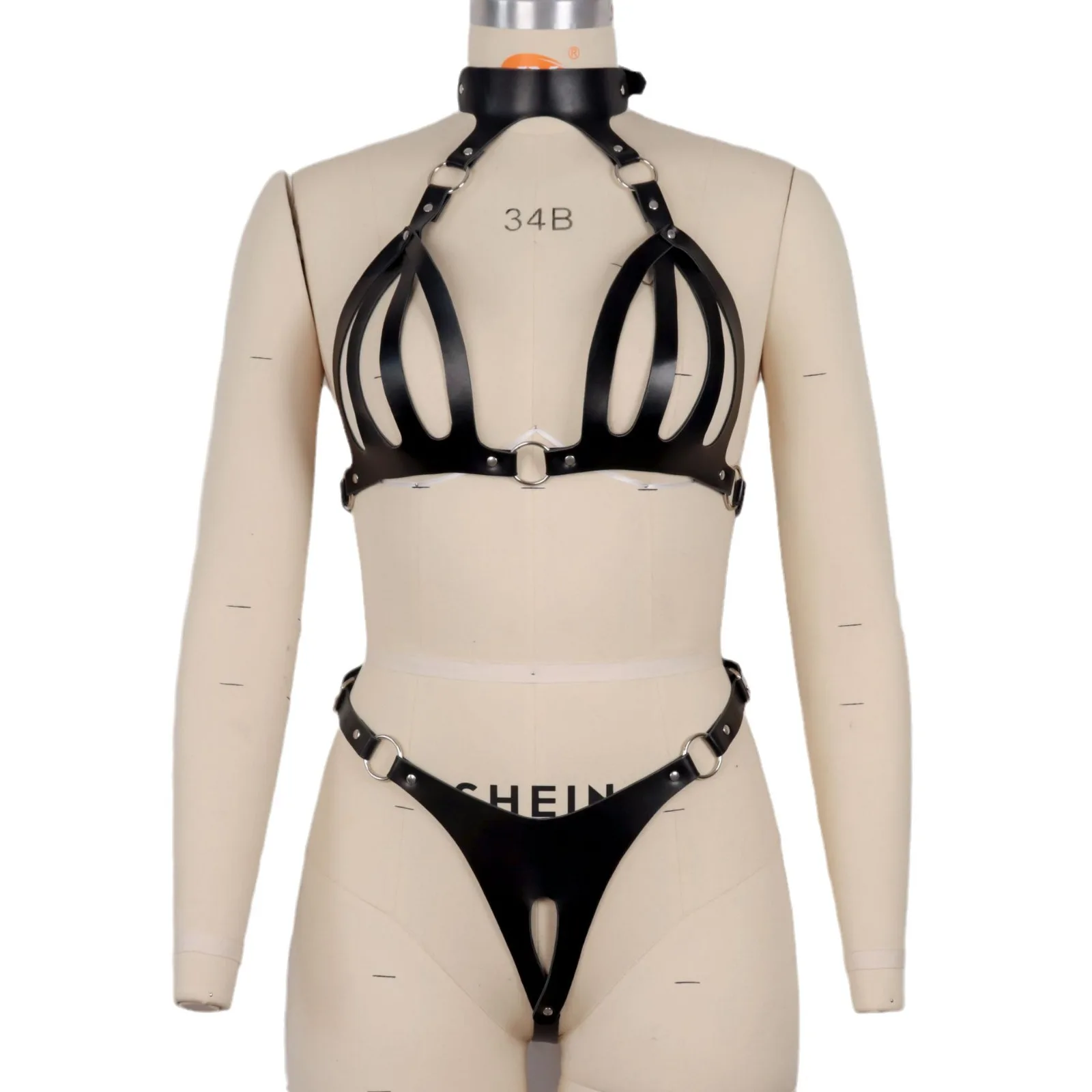 Sexy Leather Rivet Hollow Bra Set Bandage Lingerie Cage
