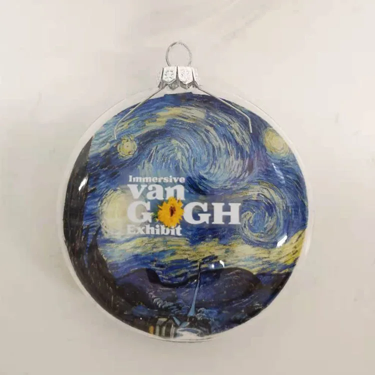 Custom 80mm 100mm 120mm 150mm white flat clear glass disc decal van gogh ball decoration christmas tree hanging baubles ornament details