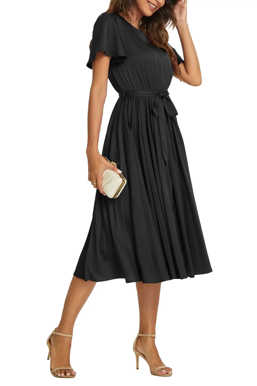 Spring Summer Fall Dress Ruffle Sleeves Pleated Dress Women's Short Sleeve Belted Elastic Waist Pleated Long Dresses
