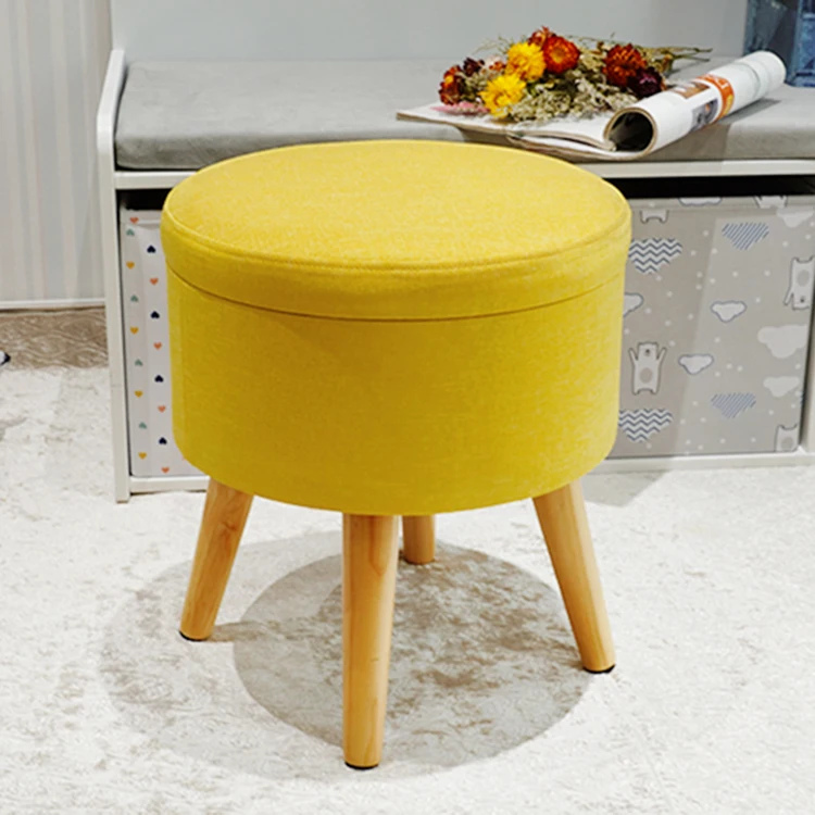 HStex Modern Home Furniture Wholesale Attractive Round Velvet Fabric Stool With Wooden Legs Yellow Ottoman