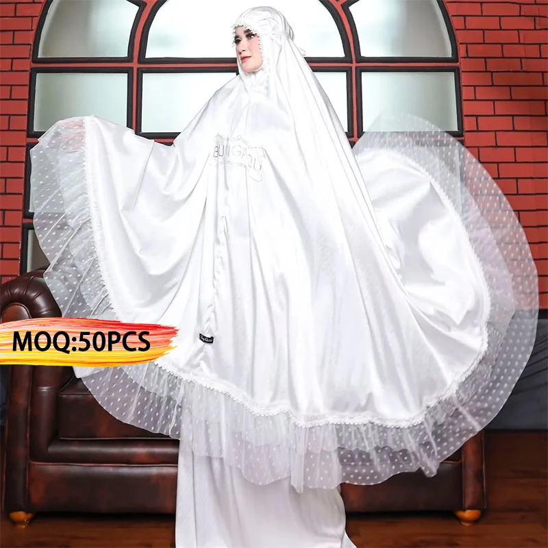 Customized Garment Factory Premium Travel Two Piece Prayer Set Mukena Telekung Islamic Clothes White Satin Women Modest Outfit