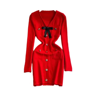 Customize Autumn Casual Breathable Washable Sustainable Roman Bow Collar Tunic Knit Midi Dress for Women Empire Lace