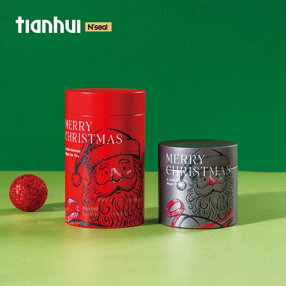 Tianhui Kaleng Logam Bulat Kedap Udara dengan Cetakan Khusus untuk Kemasan Hadiah Natal