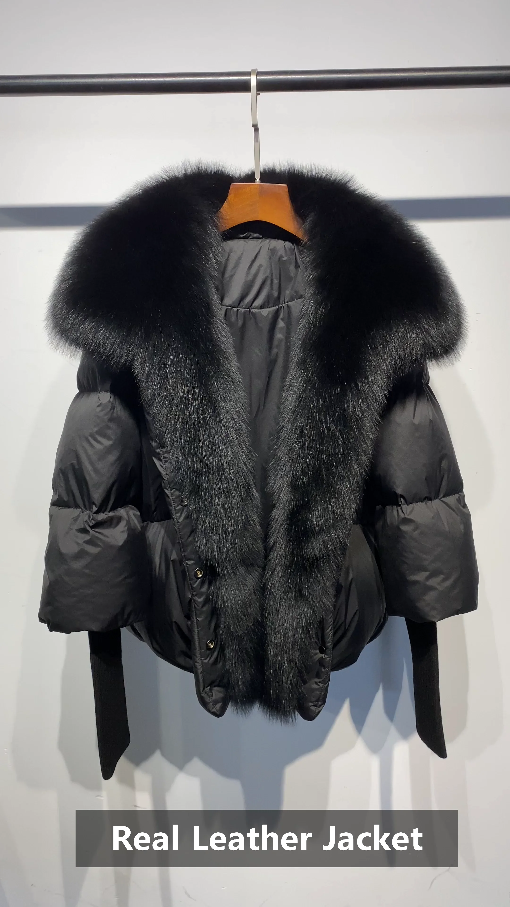 Oversized Winter Warm Detachable Removable Fur Collar Black Down Coat ...