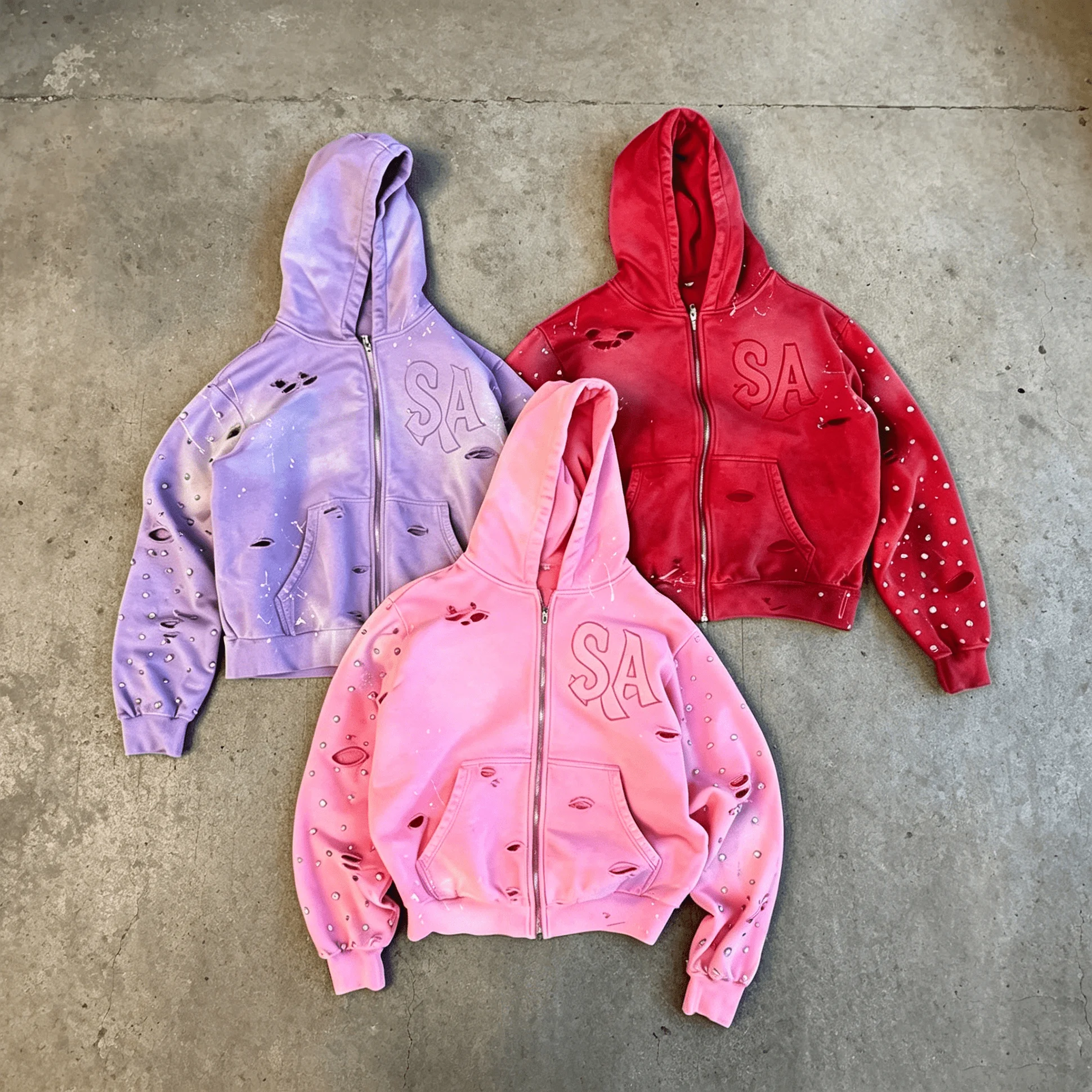 Custom Rhinestone Distressed Faded Gradient Heavyweight Cotton Zip Up Cropped Streetwear Hoodie Men