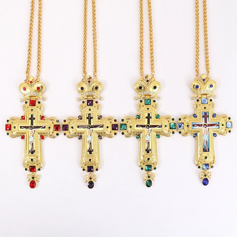 Nazareth Store Collana Croce Pettorale Con Cristalli Blu Zirconi – Placcata Oro 18k – Regalo Religioso - 2