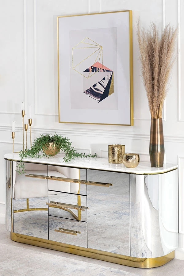 現代的なリビングルーム湾曲した形状のガラスキャビネットコンソール