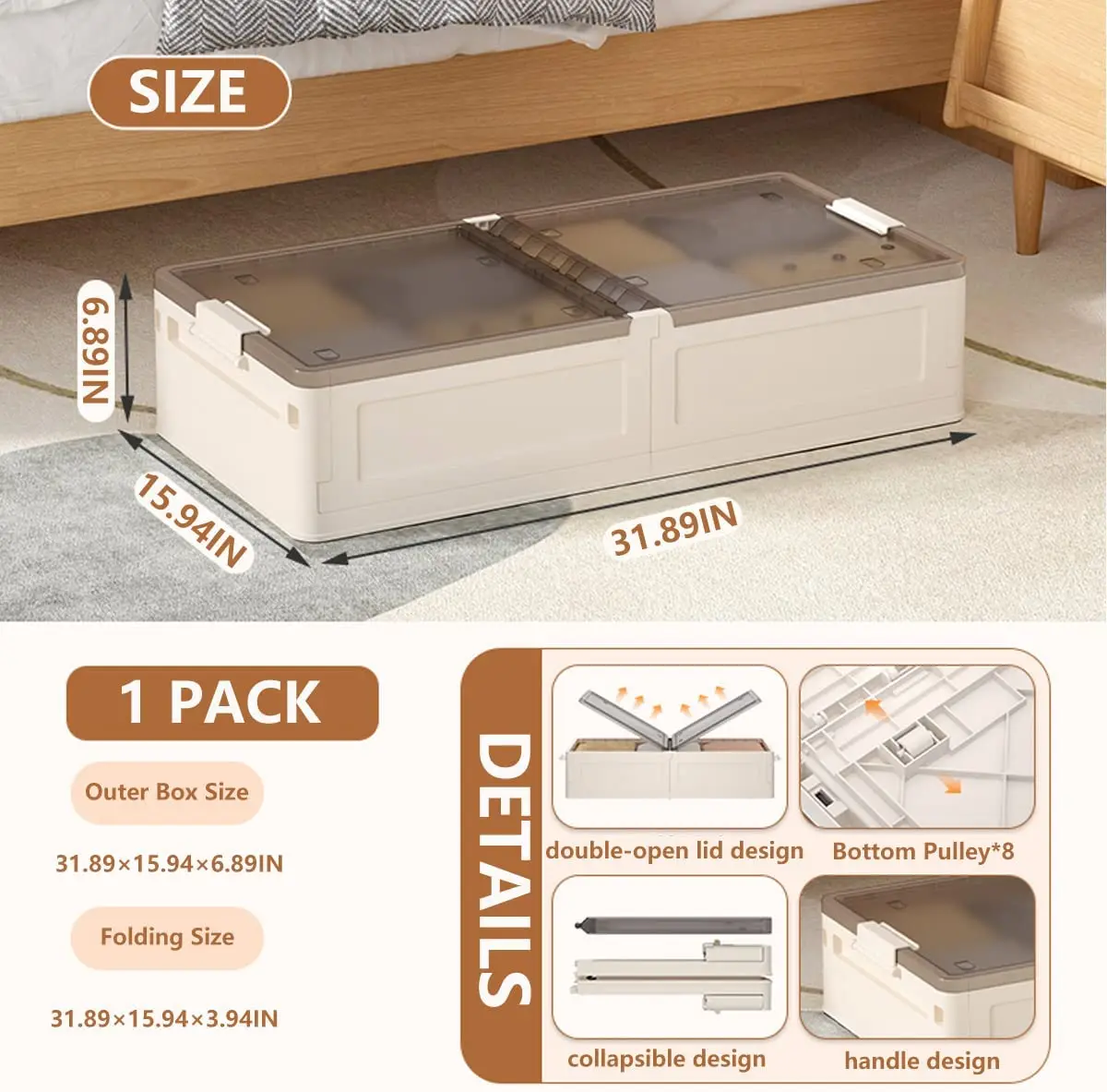 HAIXIN Under-bed Foldable Clothes Storage Bin Stackable Blanket Storage Containers with Lids&Wheels