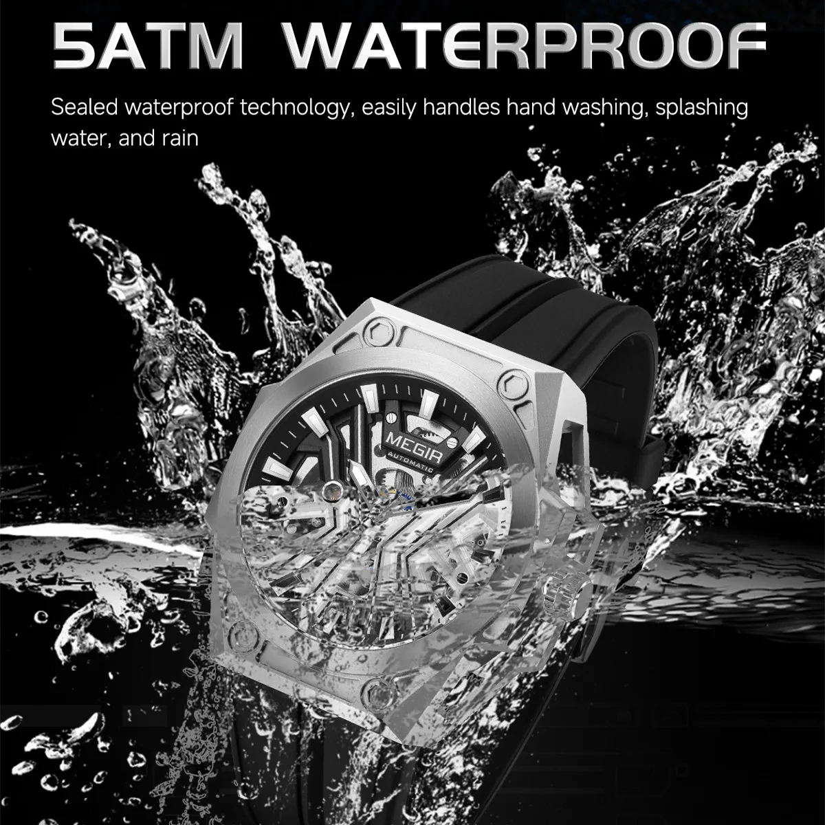MEGIR 8603 Automatic Movement Watches for Men Luxury Hollow Out Waterproof Night Glow Sports Wristwatch Clock Mechanical Watch
