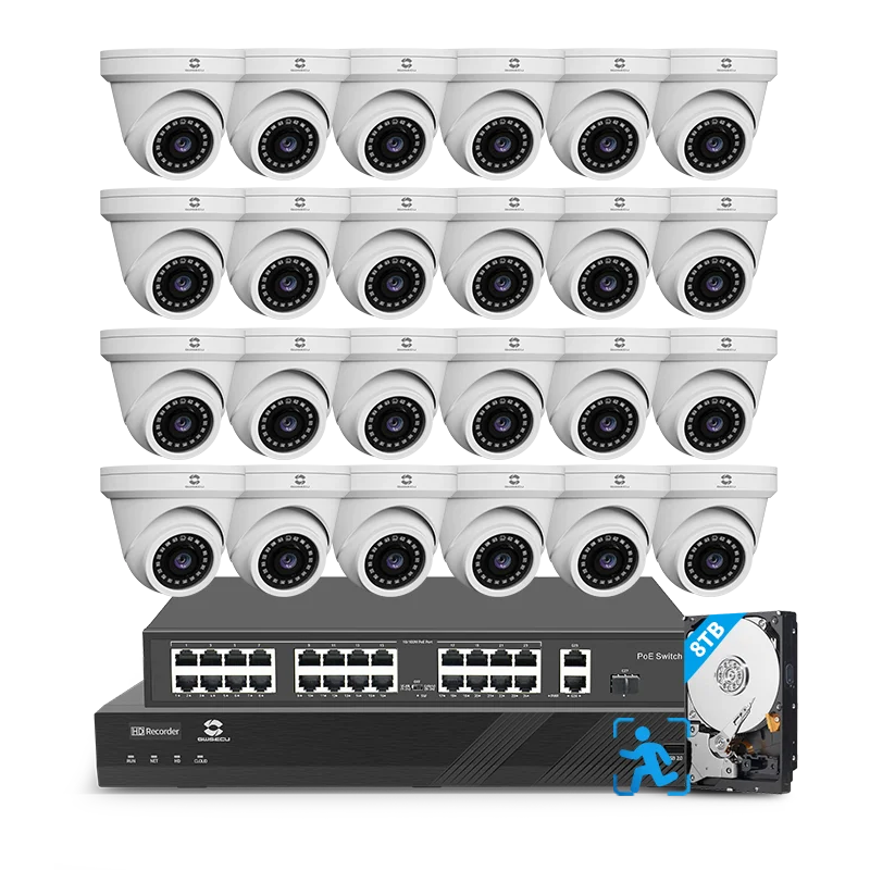 GWSECU 4K 32 Channel Security Camera System with 24PCs 8MP HD 110 Degree Angle AI Human Vehicle Detection Dome IP PoE Cameras