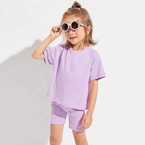 Trendy Fashion Custom Solid Short Sleeve T Shirt Shorts Set 2026 Summer Spring Children Clothes 2 Piece Kids Girls Outfits