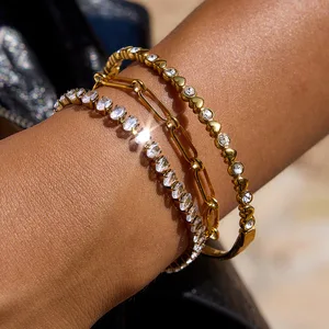 MW 18K Gold-Plated Paperclip Chain Bracelet: Zircon-Embellished, Adjustable & Stackable for Elegant Classic/Trendy Looks