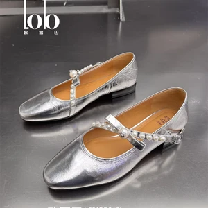 Women's 100% Real Leather Flat Shoes with Pearls Strap Pointed Toe Soft Walking Style Slip-On Closure for Winter