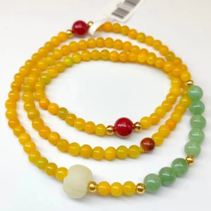 Ethnic Three Circle Yellow Jadeite Hand String Female Lotus Pendant Beaded Multi Layer Jadeite Hand String