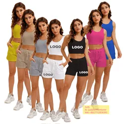 Custom logo wome short sweatsuit set famous brand sports crop top and brief sets Two Piece Shorts Set for women