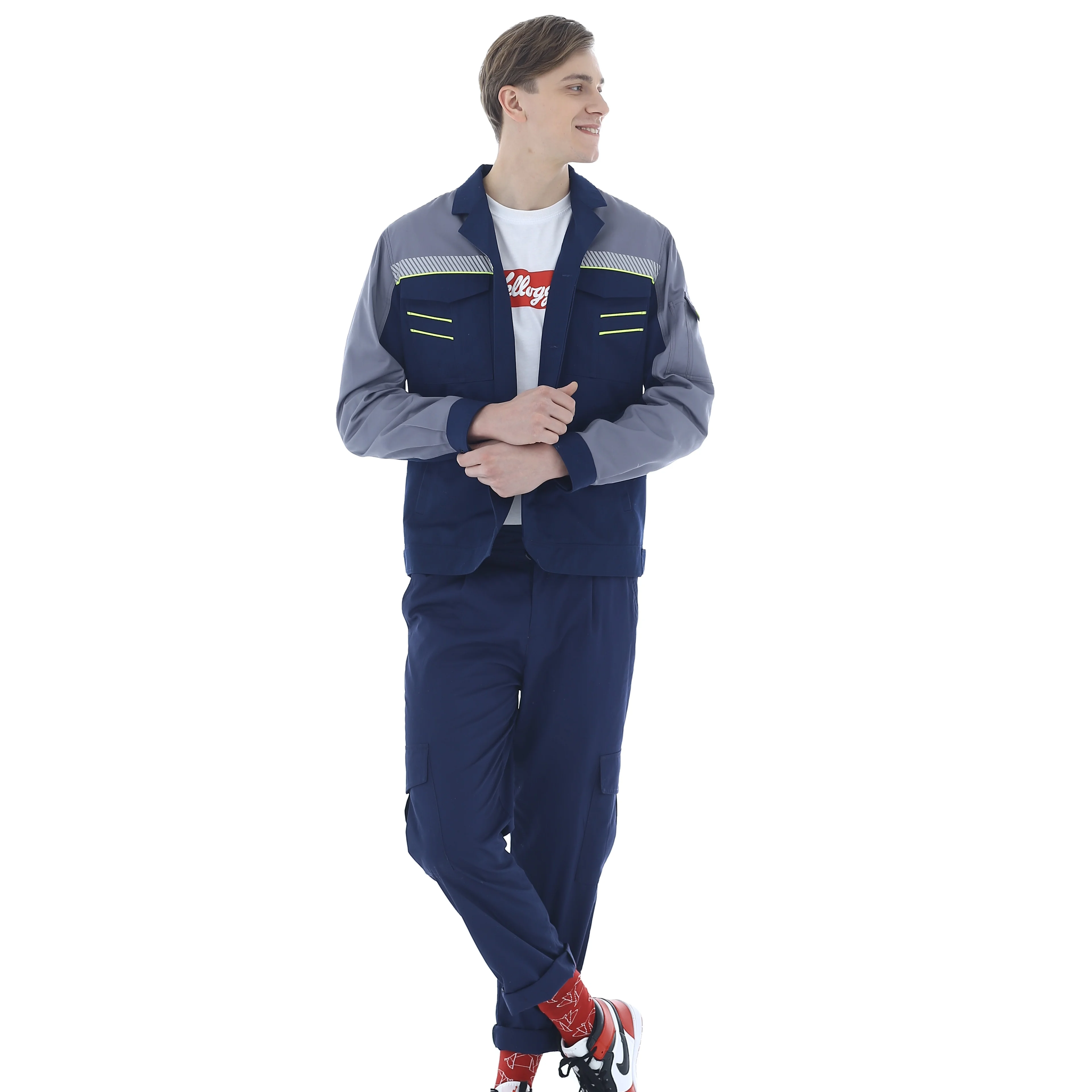 Oil and Waterproof Men's Navy Blue Splicing Color Special Industry Workshop  Work Jacket Cargo Pants