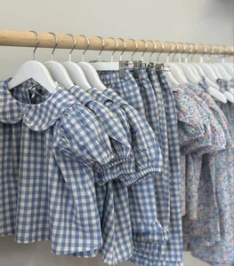 100% Cotton Princess Embroidery Dress Outfit for Kids Baby Girls Toddler Summer Infant Sibling Sister Blue Pink Plaid Casual