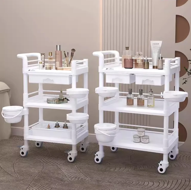 Wholesale of high-quality beauty tools by manufacturers, 3-layer handcart, two washbasins, beauty spa plastic handcart