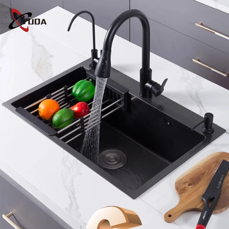 Multifunction Workstation Waterfall Kitchen Sink Topmount Kitchen Sink Single Bowl Black Handmade Kitchen Sink