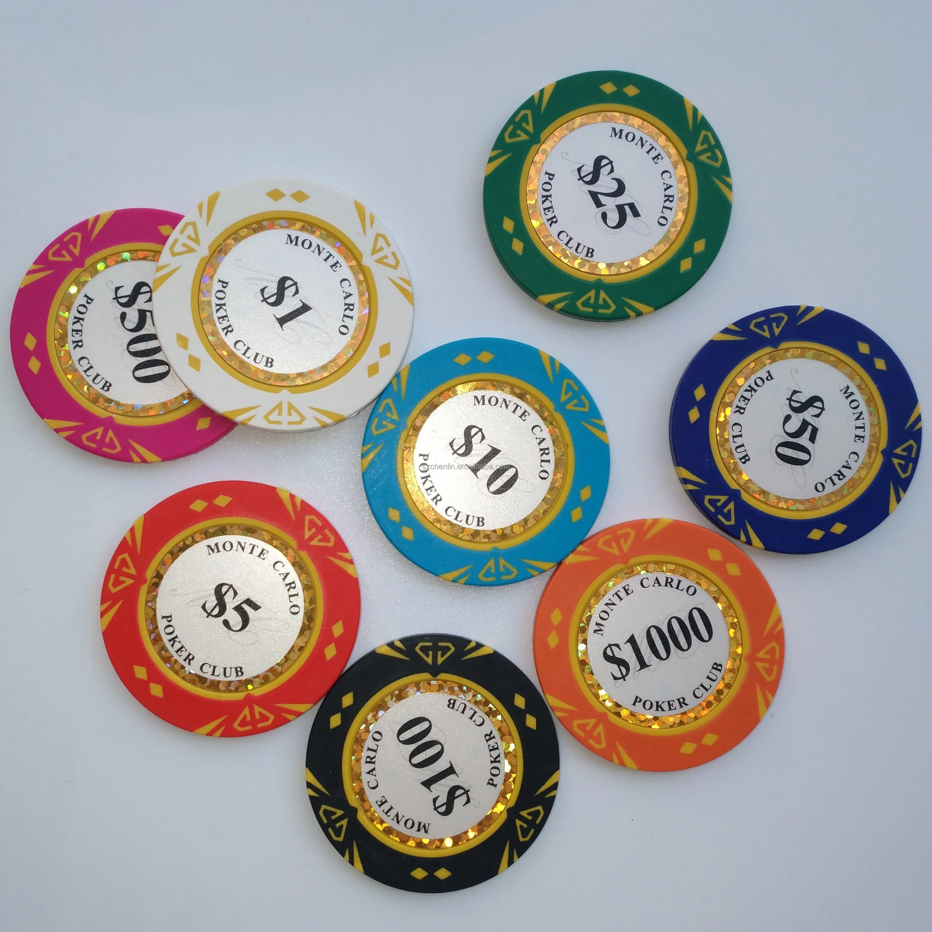 Custom Gold Trim Monte Carlo Stickers Diamond Pattern Poker Chip For