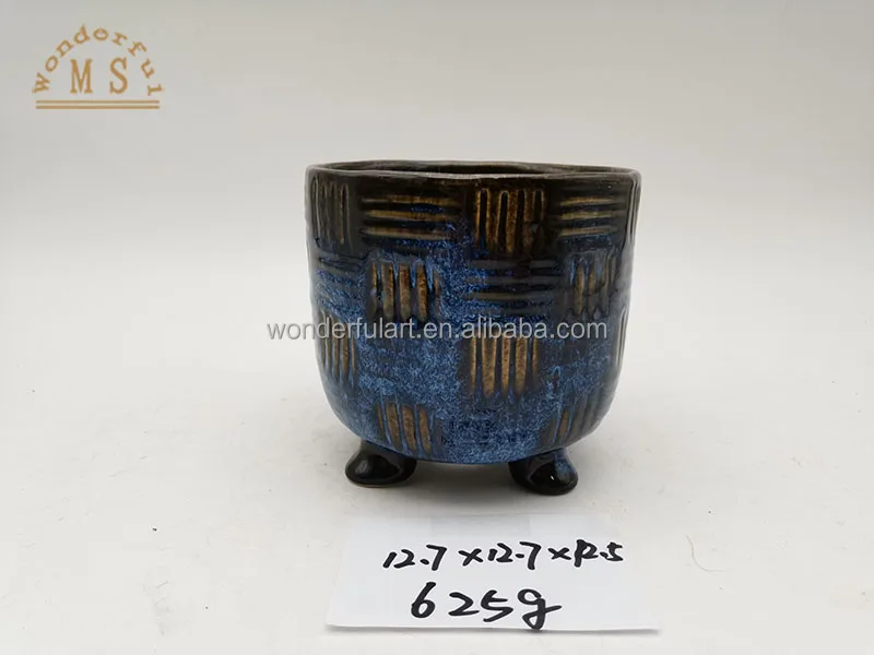 Reactive glaze pot blue ceramic flower pot polistone mini garden planter for home desktop decoration