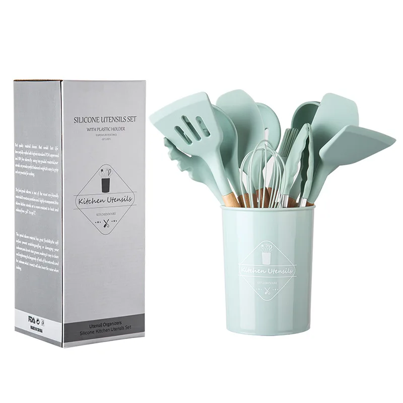 Оптовая продажа; 12 штук в 1 Набор Кухонные гаджеты Инструменты стенд кухонные шпатель силикона кухонная утварь набор с деревянной