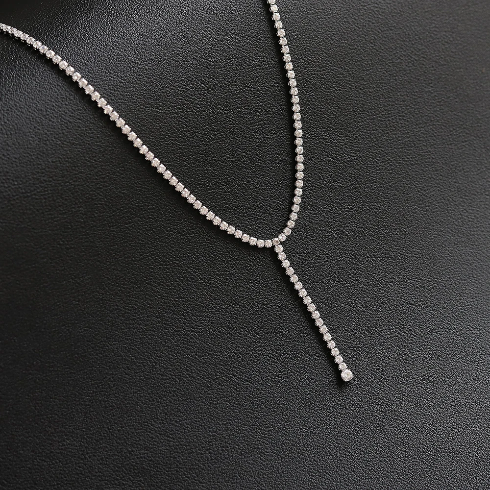 Small Luxury Rhinestone Tennis Chain Stainless Steel Silver Tarnish Free  Fringe Y Shape Dangling Necklace Choker for Girls