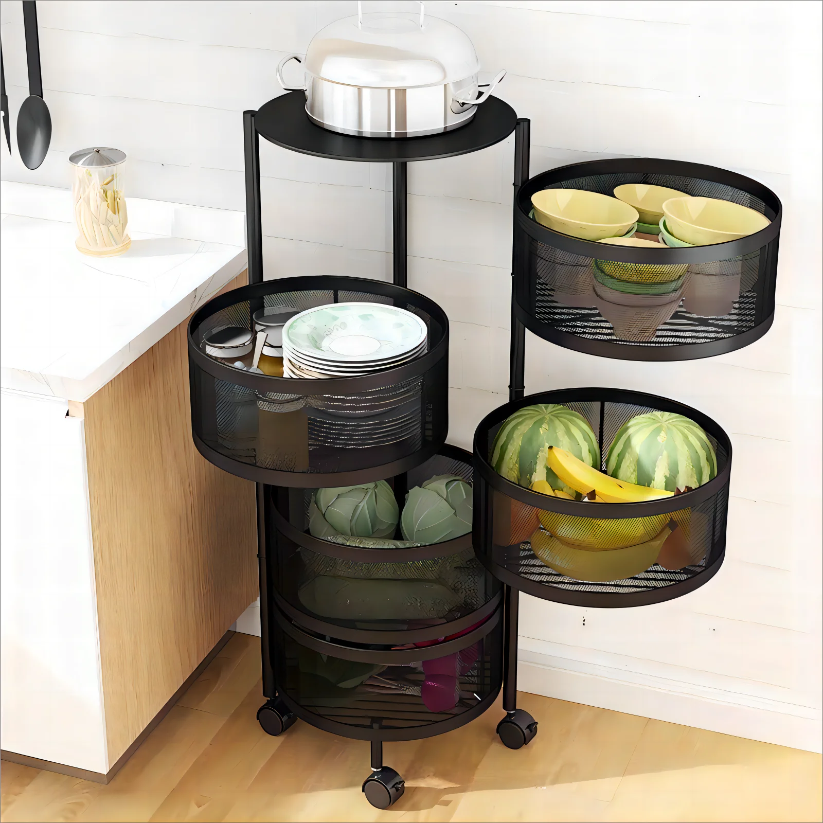 Movable Circle Basket With Wheels Kitchen Livingroom Vegetables ...