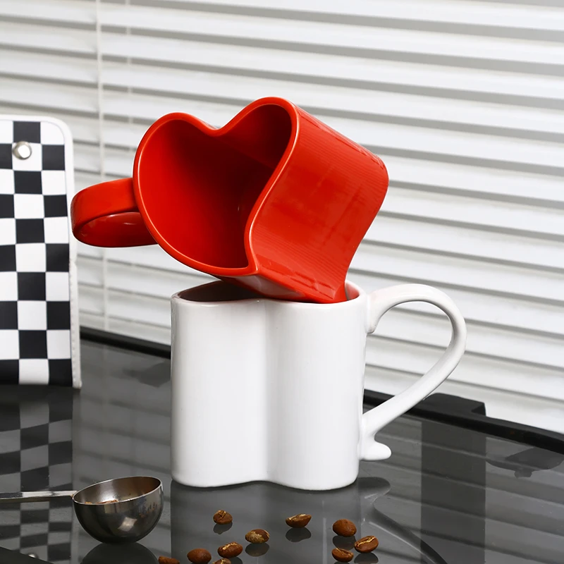 Red Heart Shaped Porcelain Tea Cups & Saucers for Couples on Valentine's Day for Cappuccino & Coffee details