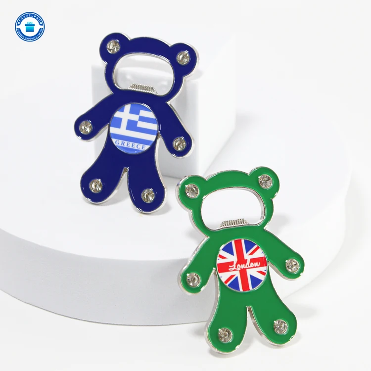 Travelpro Customized Bear-shaped UV Printing Fridge Magnet with Opener Magnet with Diamonds Design Tourist Souvenir Decoration